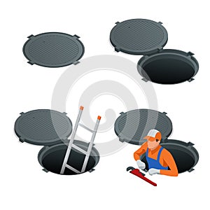 Sewer hatch Open and closed. Manhole cover, road hatch Vector illustration construction under a road. Vector