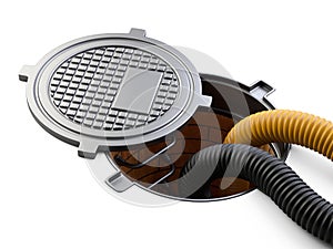 Sewer hatch with open lid manhole hole cover and big crimped suction hoses for waste disposal