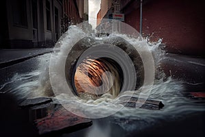 sewer outburst, overflowing into the street, with water and debris rushing out