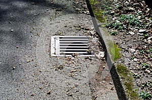 A sewer pit with a metal grate on a street in Germany