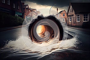 sewer water gushing out of broken pipe and flooding the street