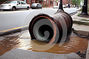 sewer water gushing out of broken pipe and flooding the street