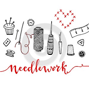 Sewin tools. Vector illustrations. Hand drawn print. Sketch design.