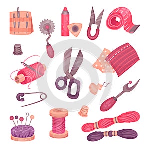 Sewing Accessories and Fittings with Measuring Tape and Scissors Vector Set