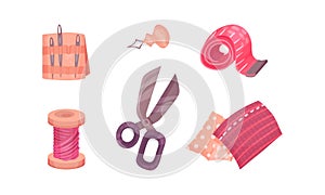 Sewing Accessories and Fittings with Measuring Tape and Scissors Vector Set