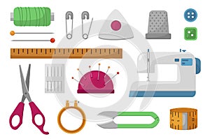 Sewing accessories flat icons set. Threads, machine, scissors, pins, tape measure.