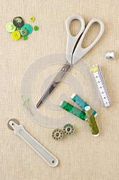 Sewing accessories in green tones