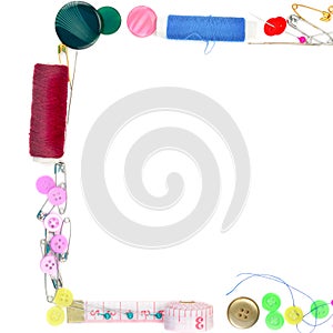 Sewing accessories isolated on white background. Free space for