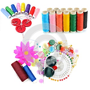 Sewing accessories set isolated on white background. Collage