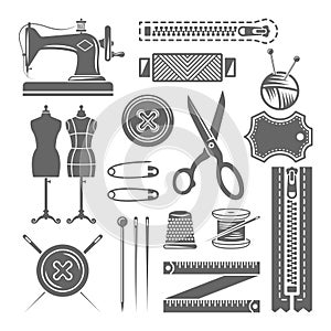 Sewing accessories and tailor shop vector elements