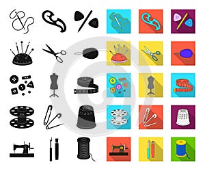 Sewing, atelier black,flat icons in set collection for design. Tool kit vector symbol stock web illustration.