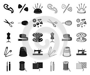 Sewing, atelier black.mono icons in set collection for design. Tool kit vector symbol stock web illustration.