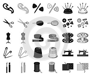 Sewing, atelier black,monochrome icons in set collection for design. Tool kit vector symbol stock web illustration.