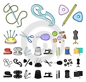 Sewing, atelier cartoon, black icons in set collection for design. Tool kit vector symbol stock web illustration.