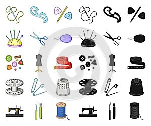 Sewing, atelier cartoon,black icons in set collection for design. Tool kit vector symbol stock web illustration.