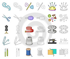 Sewing, atelier cartoon,outline icons in set collection for design. Tool kit vector symbol stock web illustration.