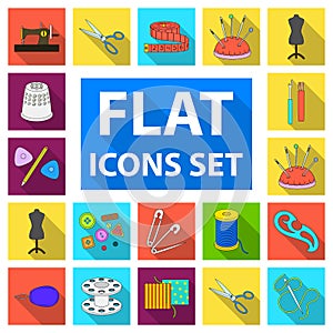 Sewing, atelier flat icons in set collection for design. Tool kit vector symbol stock web illustration.