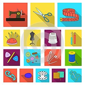 Sewing, atelier flat icons in set collection for design. Tool kit vector symbol stock web illustration.