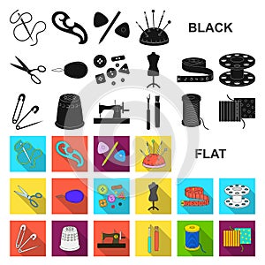 Sewing, atelier flat icons in set collection for design. Tool kit vector symbol stock web illustration.