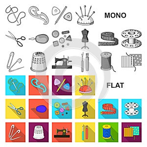 Sewing, atelier flat icons in set collection for design. Tool kit vector symbol stock web illustration.