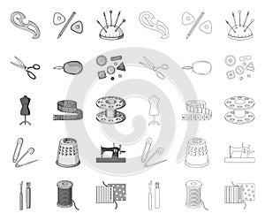 Sewing, atelier mono,outline icons in set collection for design. Tool kit vector symbol stock web illustration.