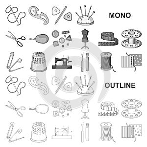 Sewing, atelier monochrom icons in set collection for design. Tool kit vector symbol stock web illustration.