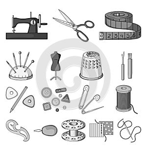 Sewing, atelier monochrome icons in set collection for design. Tool kit vector symbol stock web illustration.