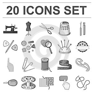 Sewing, atelier monochrome icons in set collection for design. Tool kit vector symbol stock web illustration.