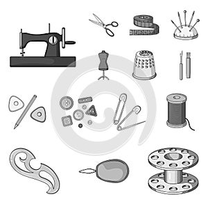 Sewing, atelier monochrome icons in set collection for design. Tool kit vector symbol stock web illustration.