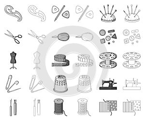 Sewing, atelier monochrome,outline icons in set collection for design. Tool kit vector symbol stock web illustration.