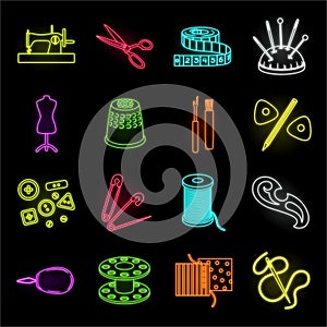 Sewing, atelier neon icons in set collection for design. Tool kit vector symbol stock web illustration.