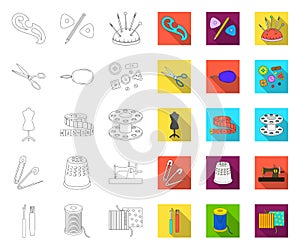 Sewing, atelier outline,flat icons in set collection for design. Tool kit vector symbol stock web illustration.