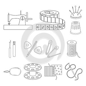 Sewing, atelier outline icons in set collection for design. Tool kit vector symbol stock web illustration.