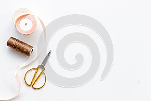 Sewing background with tailor and knitting accessories. Tailoring scissors