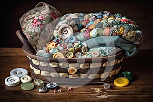 sewing basket overflowing with colorful fabrics, buttons, and thread