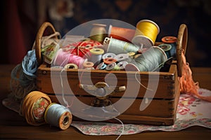 sewing basket overflowing with colorful thread and fabrics