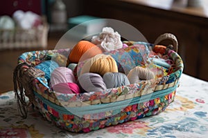 sewing basket overflowing with colorful thread and fabrics