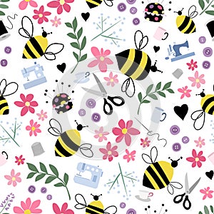 Sewing Bee pattern of flowers, bees and sewing items