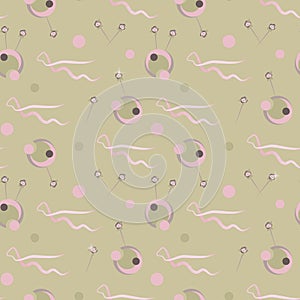 Sewing beige background with round needles, sharp pins with roses on the end and pink ribbons vector seamless pattern.