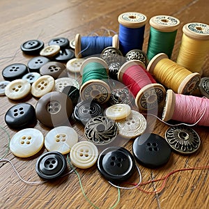 Sewing buttons and colorful thread spools