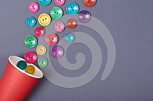 Sewing buttons composition. Needlework concept background. Flat lay