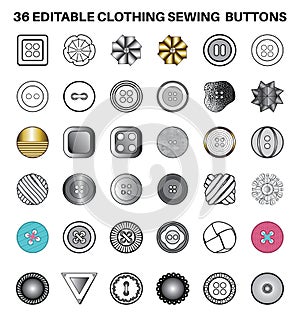 Sewing Buttons flat sketch vector illustration set, different types of Clothing Buttons for fasteners, dresses garments, Fashion