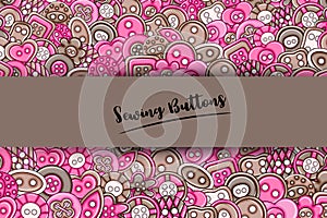 Sewing buttons handmade craft concept. 3d cartoon doodle background design.