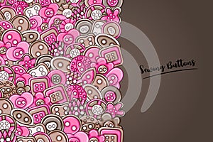 Sewing buttons handmade craft concept. 3d cartoon doodle background design.