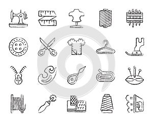 Sewing charcoal draw line icons vector set