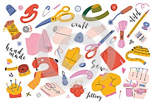 Sewing collection. Vector illustrations of sewing tools, equipment and accessories. Modern flat cartoon style, hand