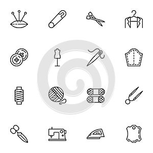 Sewing, embroidery line icons set