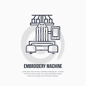 Sewing embroidery machine flat line icon, logo. Vector illustration of tailor supplies for hand made shop or dressmaking