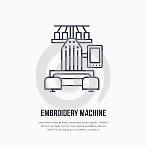 Sewing embroidery machine flat line icon, logo. Vector illustration of tailor supplies for hand made shop or dressmaking photo