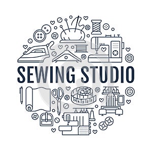 Sewing equipment, hand made studio supplies banner illustration. Vector line icon needlework accessories - sewing